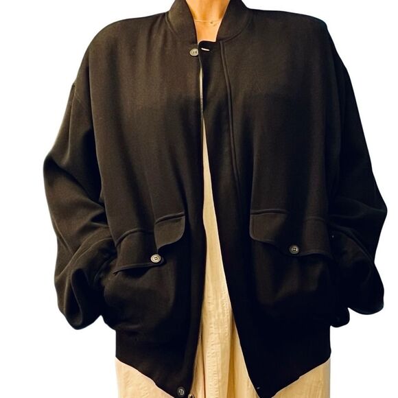 Vintage 100% Silk Black Oversized Textured Bomber Jacket Minimalist Classic 2X - Picture 1 of 15